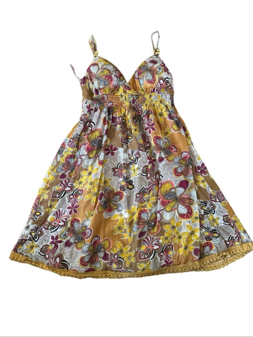 Etc women’s medium y2K mini spaghetti strap dress 100% cotton padded floral bead